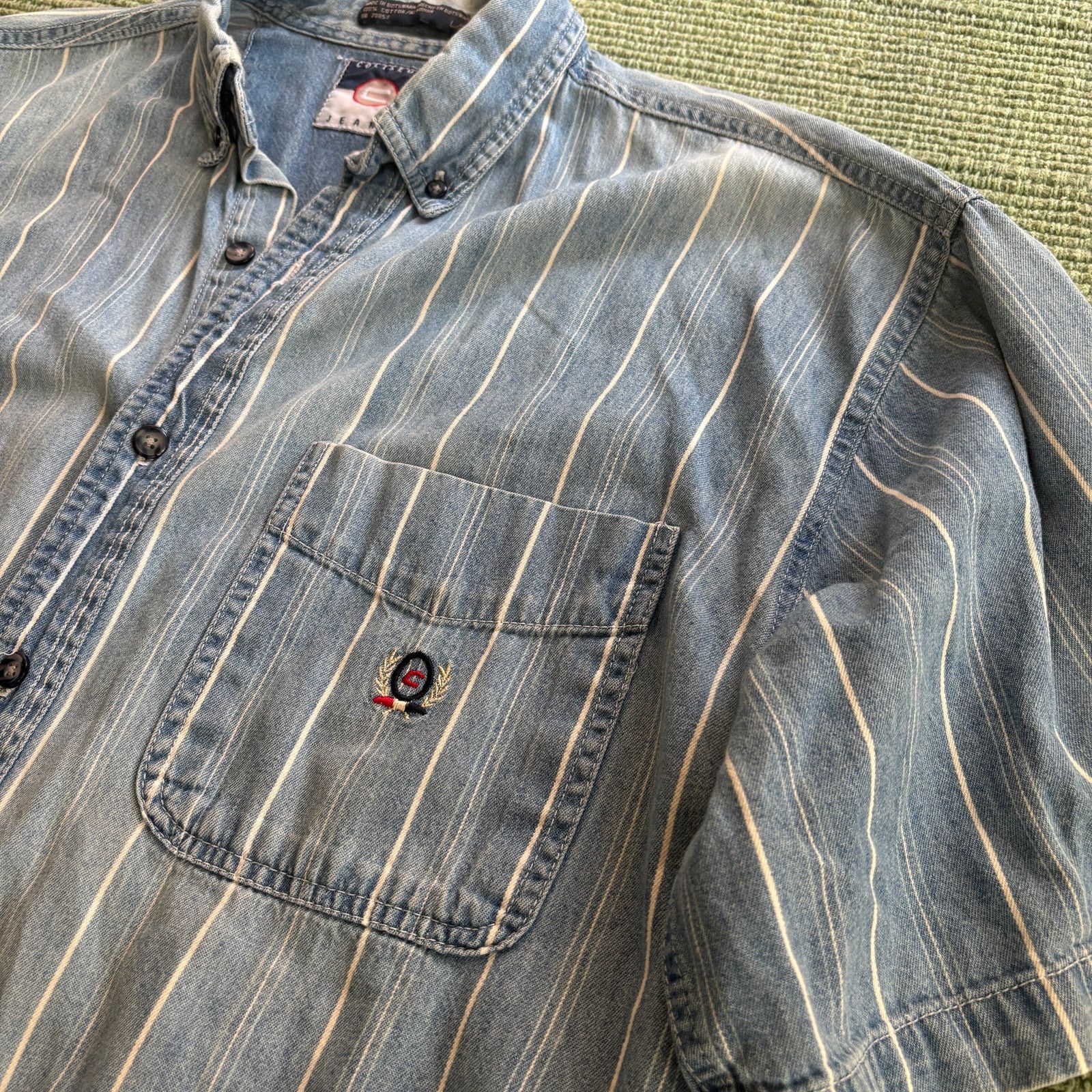 Vintage Vintage 1990s Coliseum Jeans Faded Blue Striped Cotton Shirt Size US XL / EU 56 / 4 - 6 Thumbnail