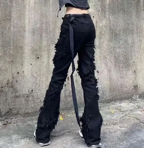 VIBE High Street Ripped Tassel Frayed Black Flare Jeans Pant Size US 32 / EU 48 - 5 Thumbnail