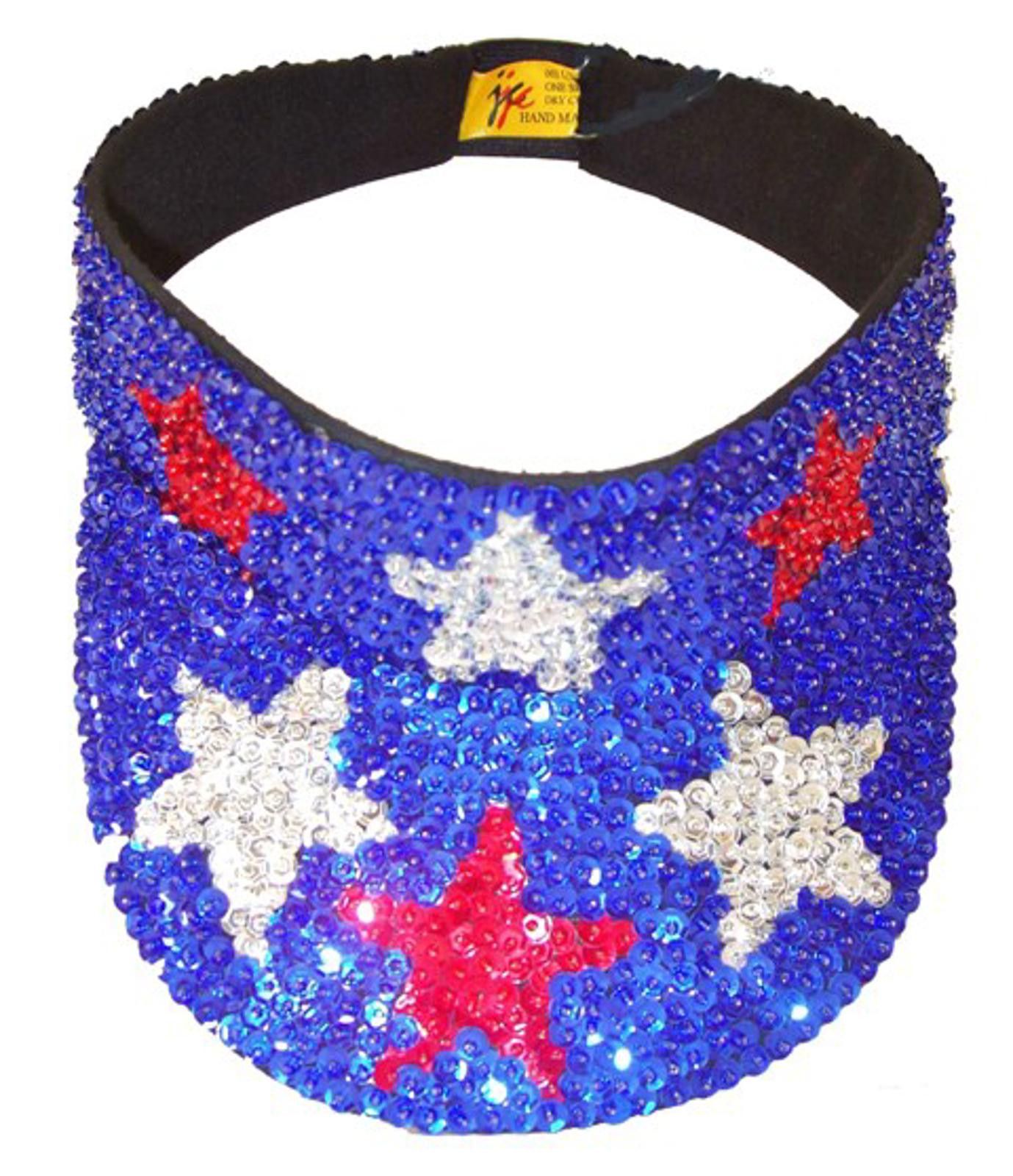 Designer Sequin Sun Visor Blue with Red & Silver Stars Size ONE SIZE - 1 Preview