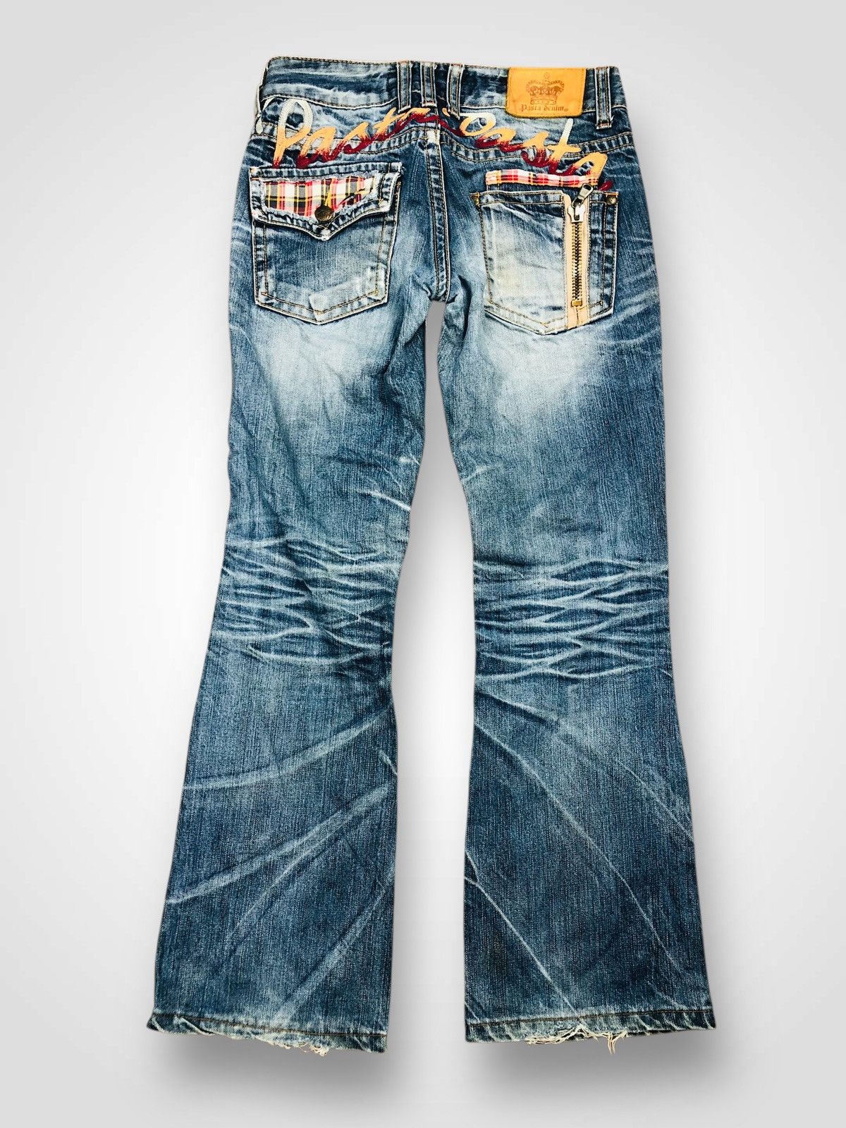 If Six Was Nine Pasta Denim Bootcut Distressed Jeans Plaid Patches (40) Size 26" / US 2 / IT 38 - 2 Thumbnail