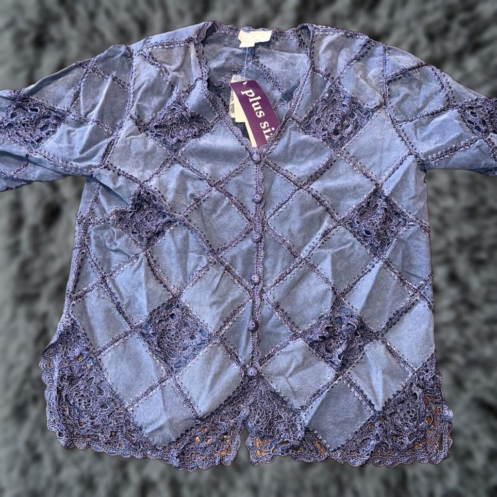 Vintage **Blue XL Suede Leather Jacket Crochet Trim Western Boho Style New** User: Blue XL Suede Leather Jacket Crochet Trim Western Boho Style New Size XL / US 12-14 / IT 48-50 - 1 Thumbnail