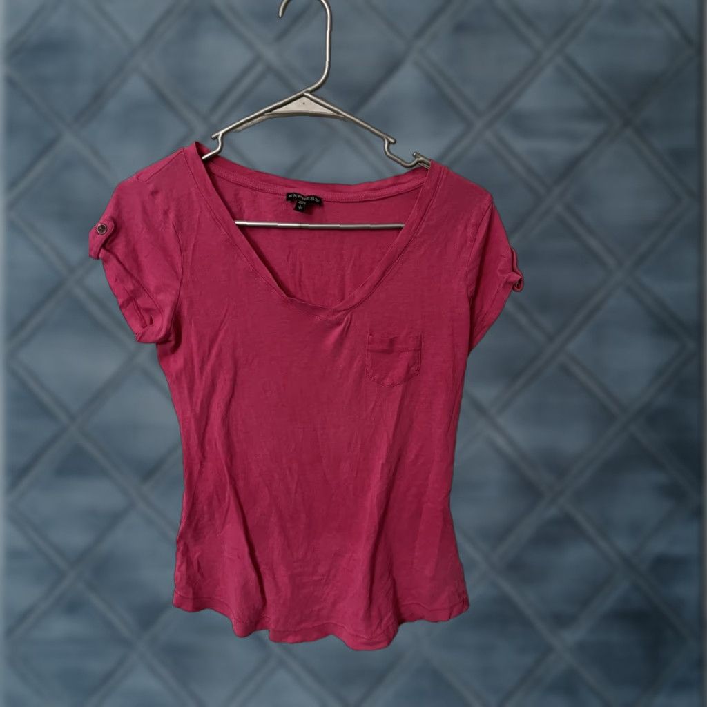 Express Express Women Short Sleeve Chest Pocket V-Neck T Shirt Pink Small Size S / US 4 / IT 40 - 1 Thumbnail