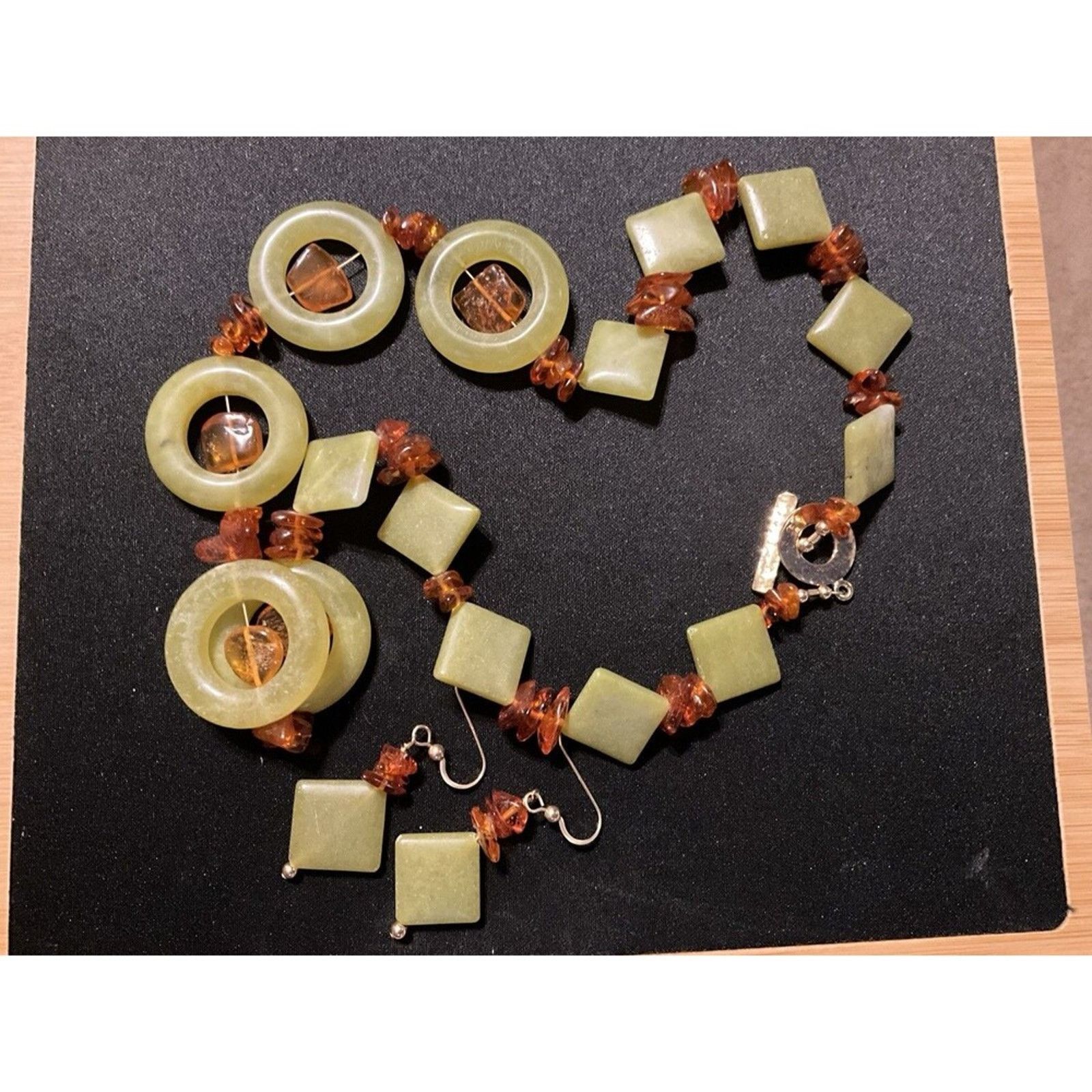 Other 925 Gold Over Silver Nephrite & Amber Necklace & Earrings Size ONE SIZE - 1 Thumbnail