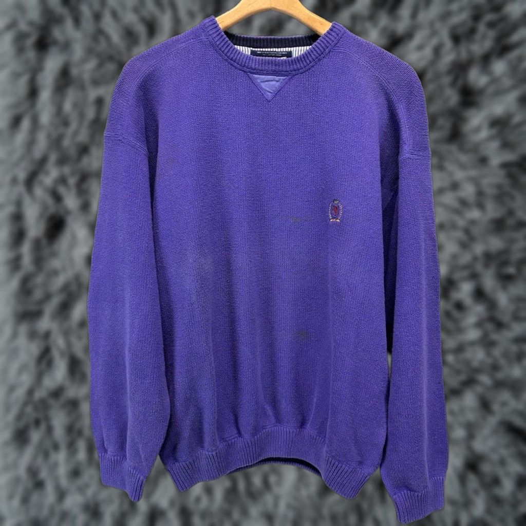 Tommy Hilfiger VINTAGE Tommy Hilfiger Crew Neck Knit Sweater Purple Mens Large 90s Cotton Pullover Size US L / EU 52-54 / 3 - 1 Thumbnail