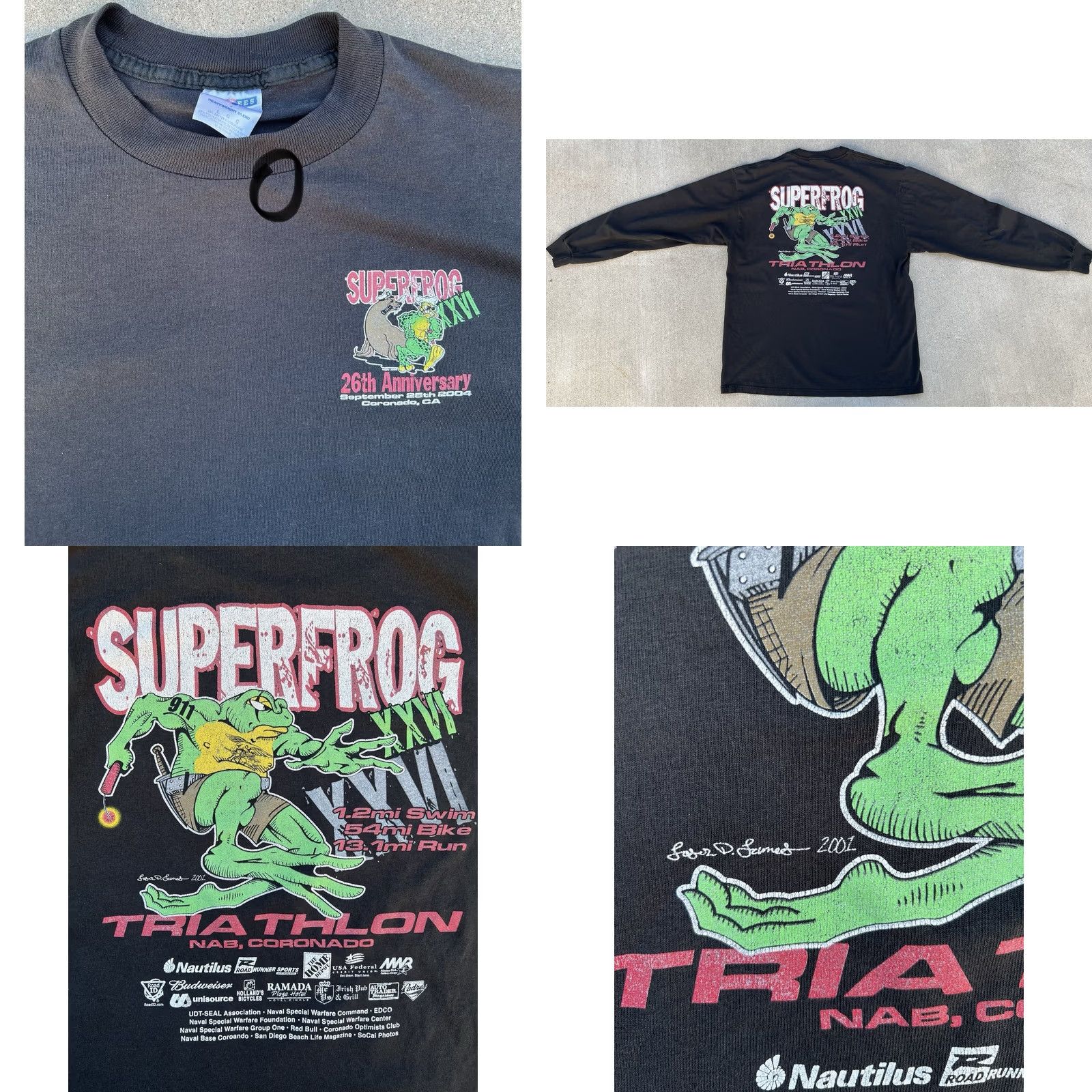 Jerzees VINTAGE Superfrog XVII Triathlon Shirt Mens Large Black 2004 Jerzees Distressed Long Sleeve Graphic Tee Size US L / EU 52-54 / 3 - 10 Thumbnail