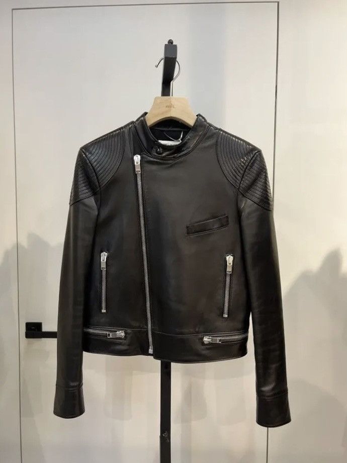 image of Saint Laurent Paris Leather Biker Asymmetric Zip Up Jacket in Black, Men's (Size Small)