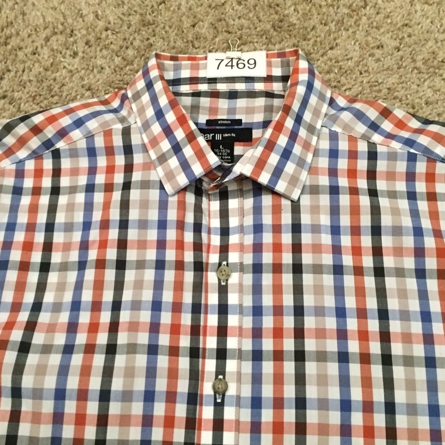 Bar III Bar III Shirt Mens Large Slim Orange Blue Plaid Long Sleeve Button Up Stretch Size US L / EU 52-54 / 3 - 3 Thumbnail