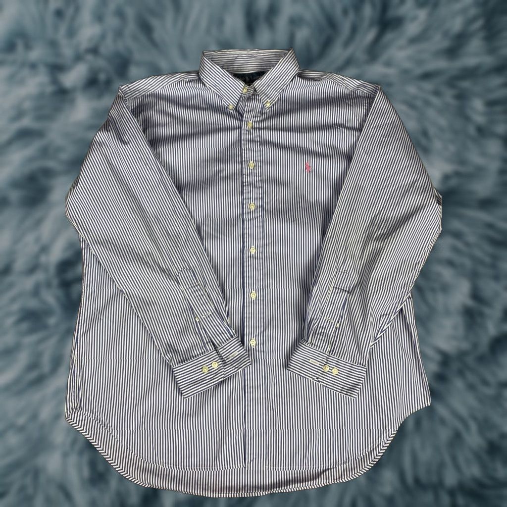 Ralph Lauren VINTAGE Polo Ralph Lauren Dress Shirt 17.5 34/35 Light Blue Stripes Pink Horse LS Mens 17.5 Pink Horse Striped Shirt Size 48R - 1 Thumbnail