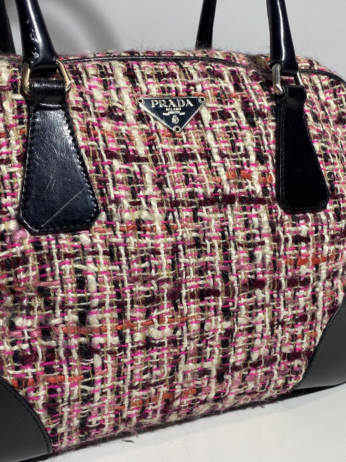 Prada Prada Boston Bag Triangle Logo Plate Tweed Size ONE SIZE - 9 Thumbnail