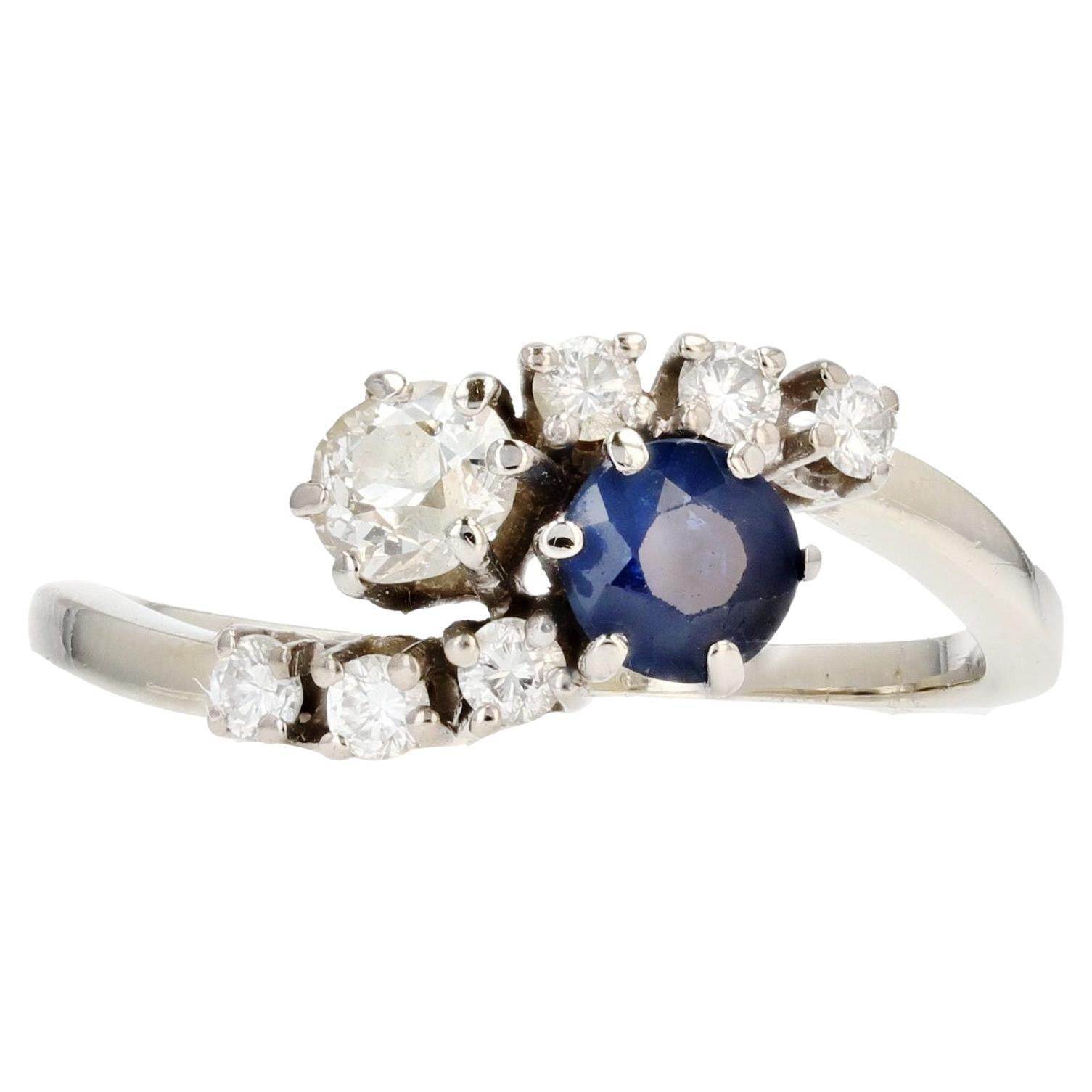 image of Vintage French Modern Sapphire Diamonds 18 Karat White Gold You And Me Ring, Women's