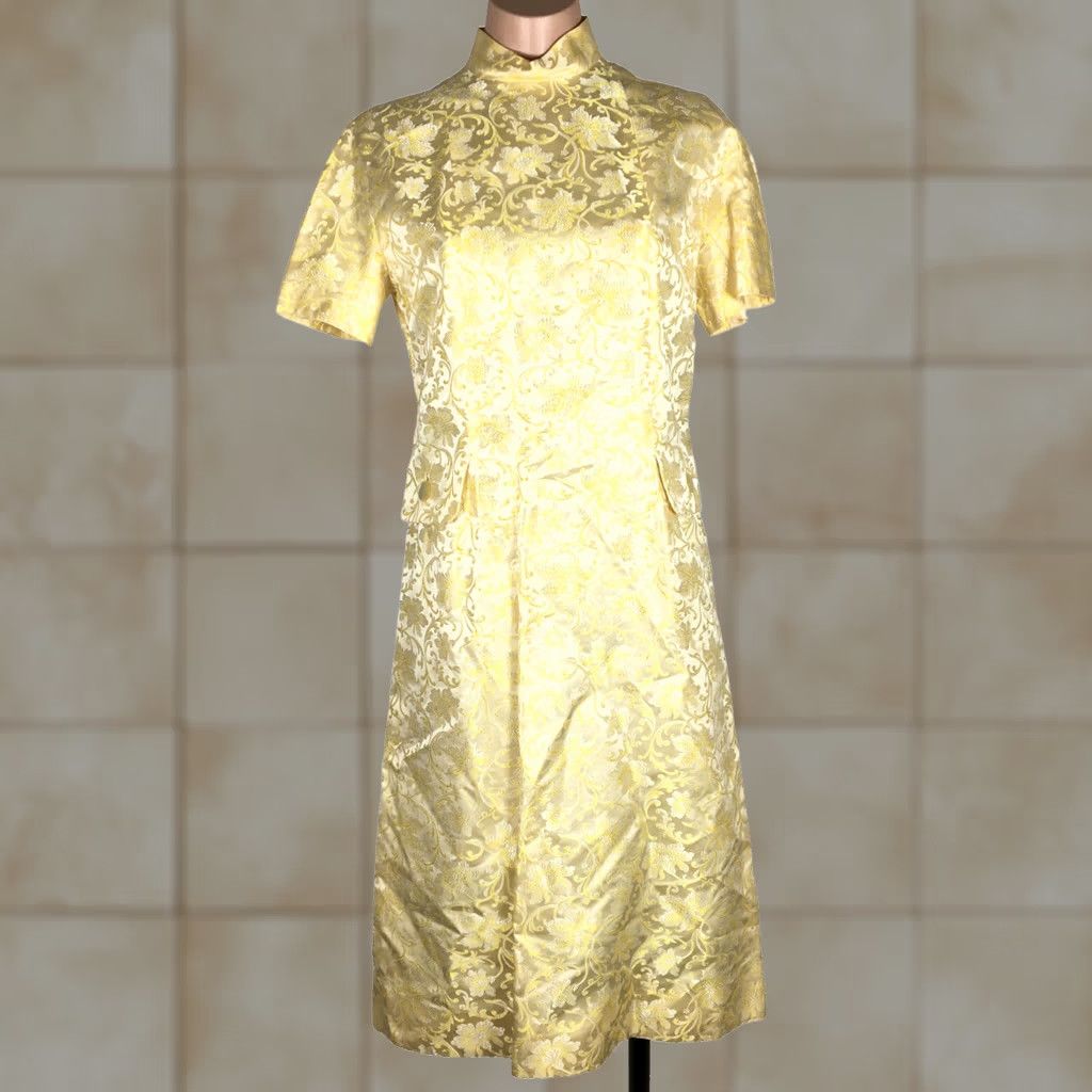 Etro VINTAGE 60s Gold Floral Brocade Formal Evening Dress Mock Neck S/M Button Retro Cotillion Formals Sheath Womens Size S / US 4 / IT 40 - 1 Thumbnail
