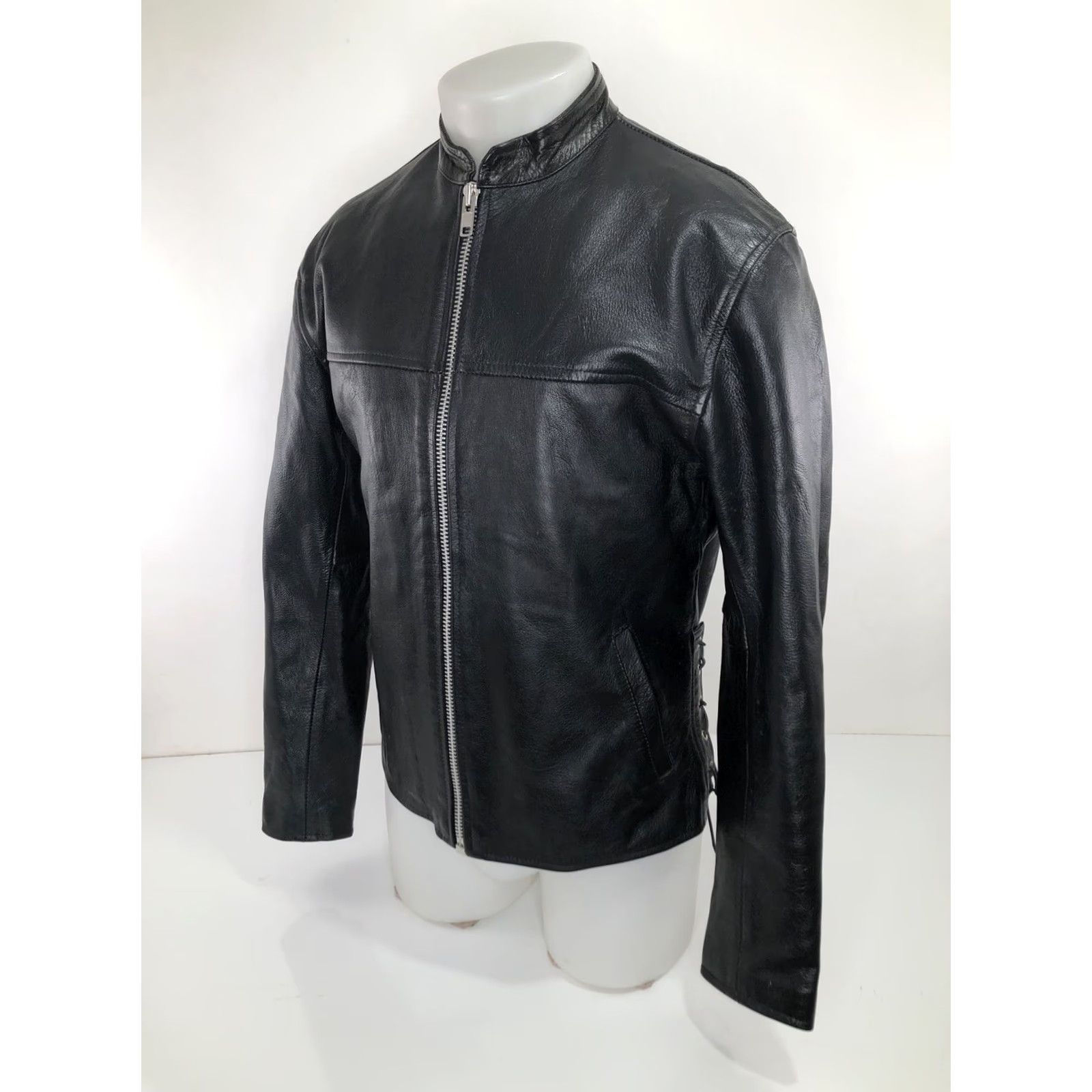 Vintage ALLSTATE LEATHER - MOTO Jacket Men 40 Black Collarless Lace Side Racing Biker Motorcycle 1990s Size US XXS / EU 40 - 2 Thumbnail