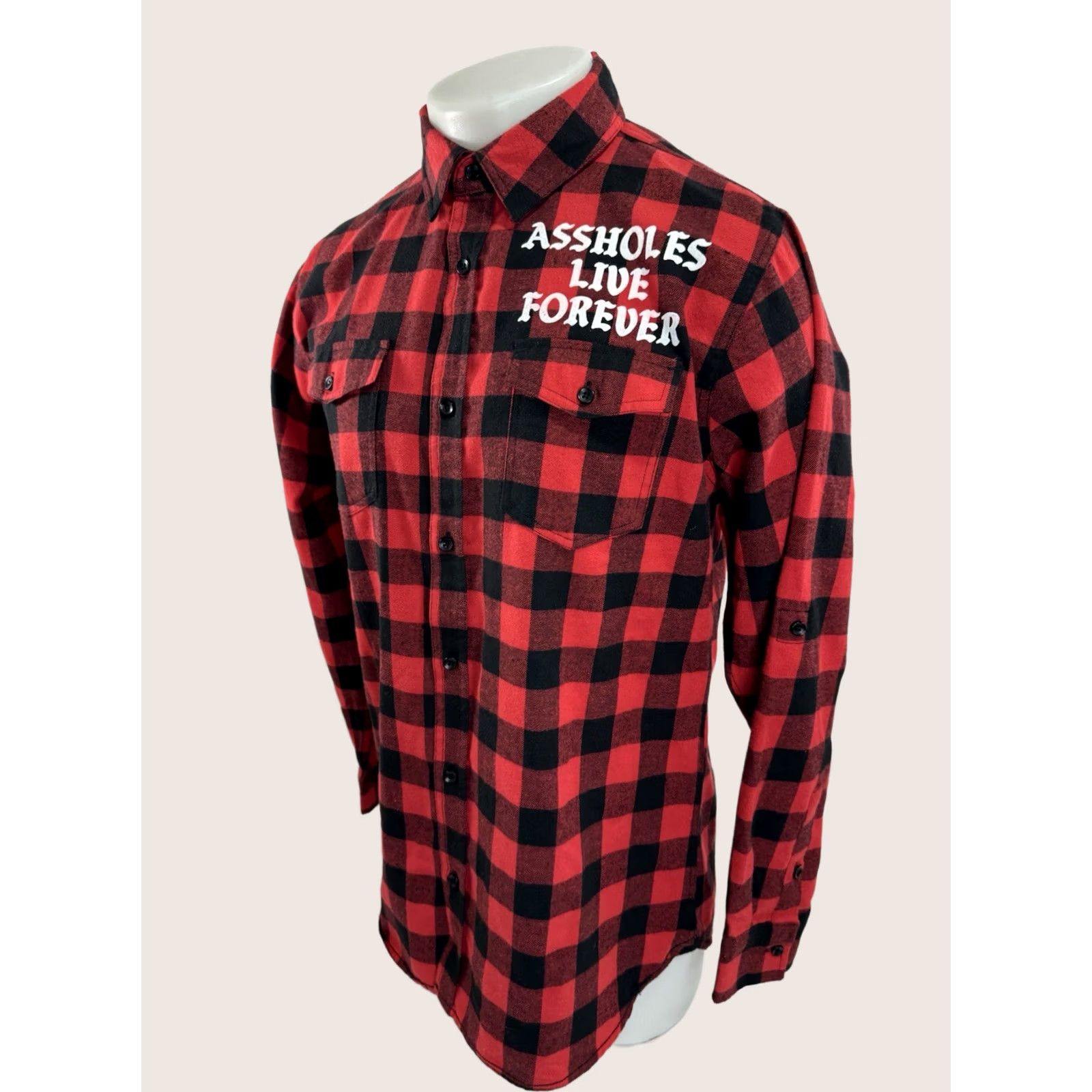 Olive ASSHOLES LIVE FOREVER Plaid Shirts Mens L Flannel Shirt - Multicolor Button-Up Long Sleeve Mens Shirt Size US L / EU 52-54 / 3 - 1 Thumbnail