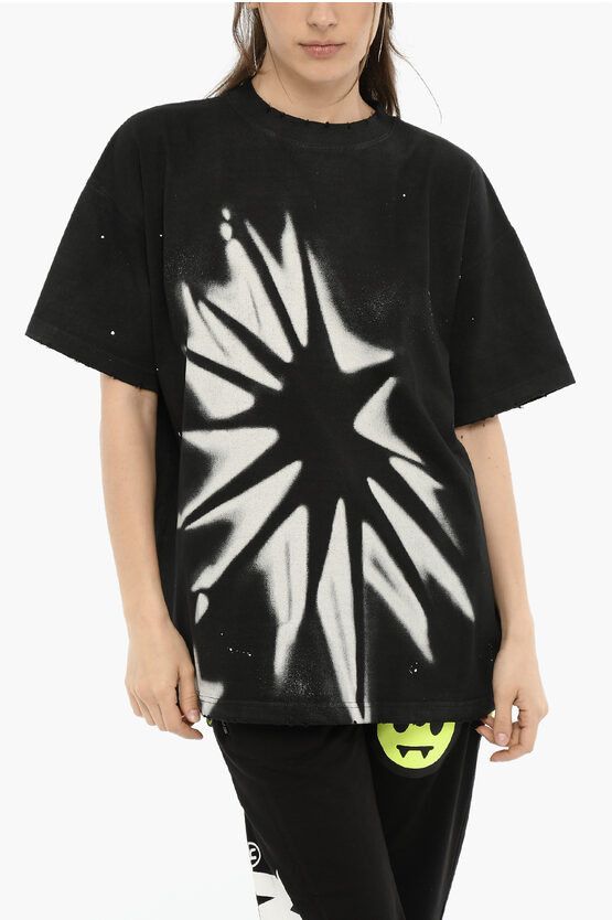 image of We11Done Vintage Effect Crew-Neck T-Shirt With Print in Black, Women's (Size XS)