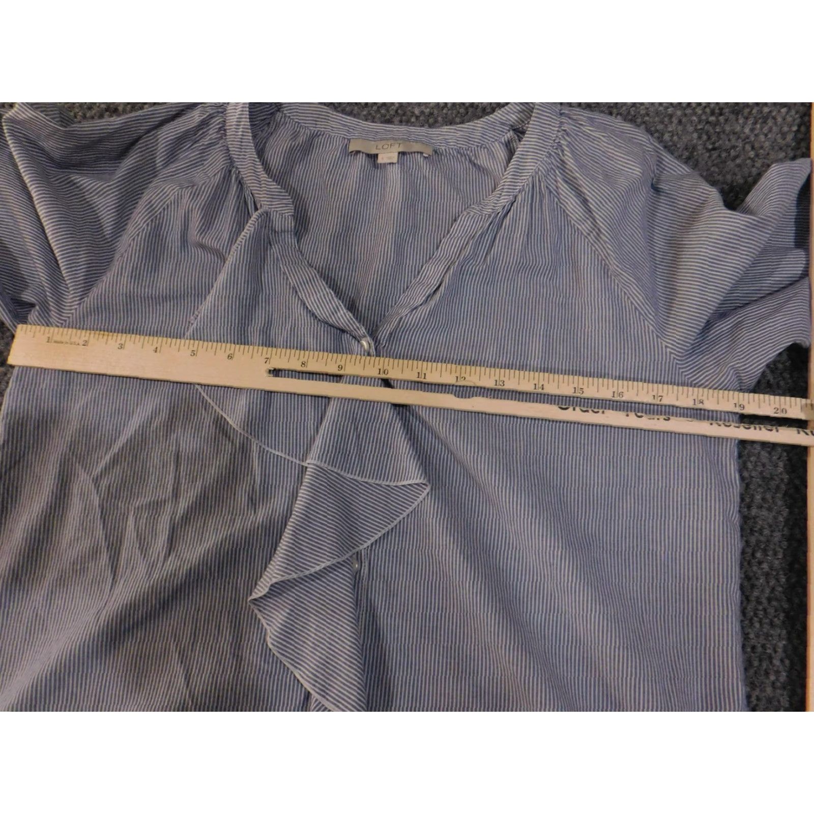 Loft LOFT Ann Taylor Shirt Blouse Womens Small Blue White Stripe V-Neck Long Sleeve Raglan Sleeve, 100% Cotton, Ruffle Accents, Button Cuffs, Curved Hem Size S / US 4 / IT 40 - 6 Thumbnail