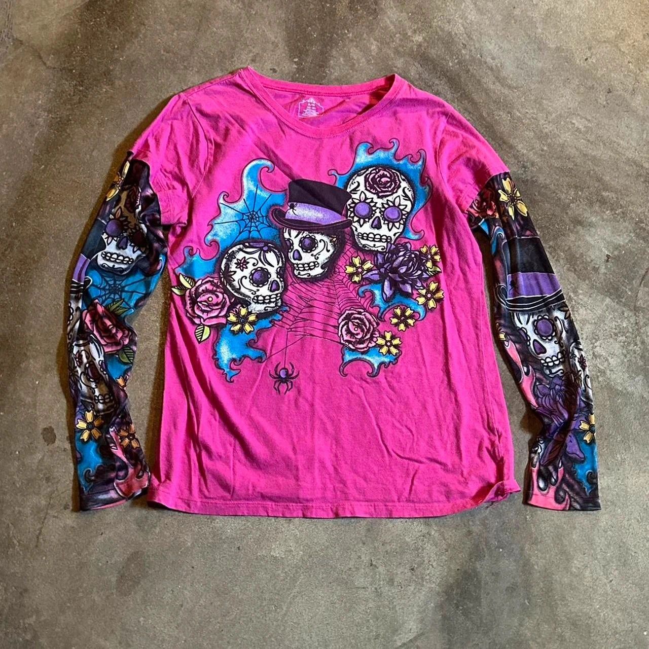 Affliction Y2K Pink sugar skull spider web graphic tattoo t-shirt Size XL / US 12-14 / IT 48-50 - 1 Thumbnail