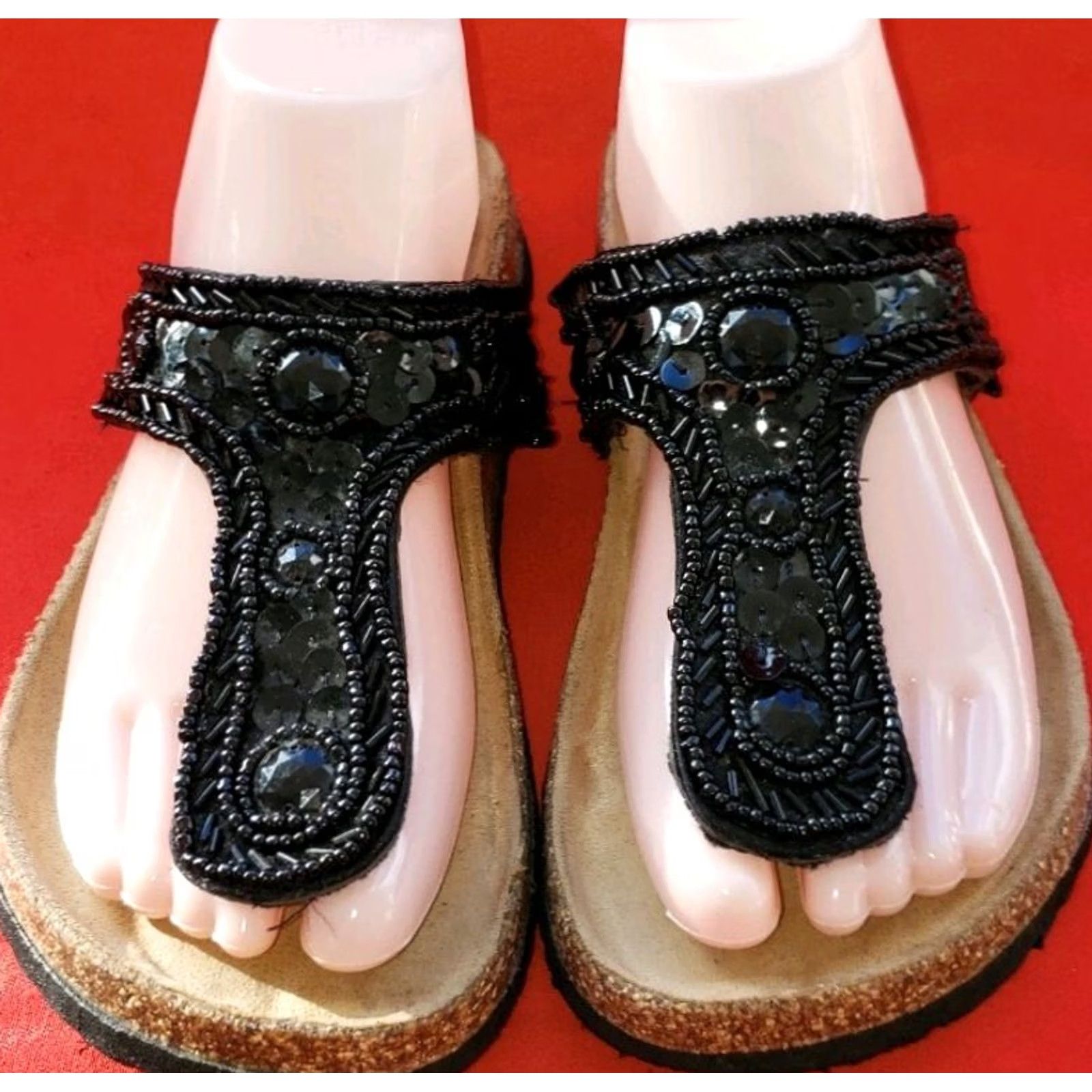 Vintage Women's Black Sandal Size 7-7.5M Toe Post With Sequins And Beads Size US 7.5 / IT 37.5 - 3 Thumbnail
