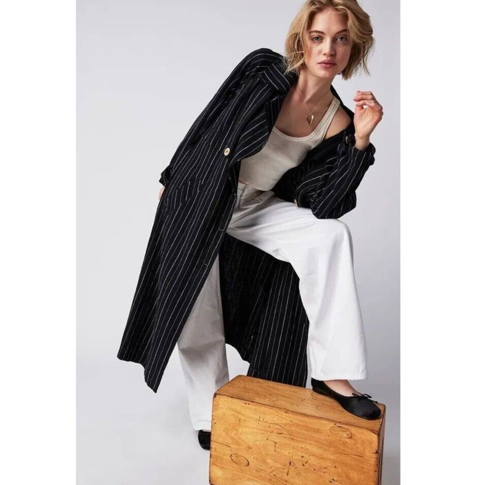 Free People New Free People Melia Mac Coat WTF $228 LARGE Blue Striped Size L / US 10 / IT 46 - 1 Thumbnail