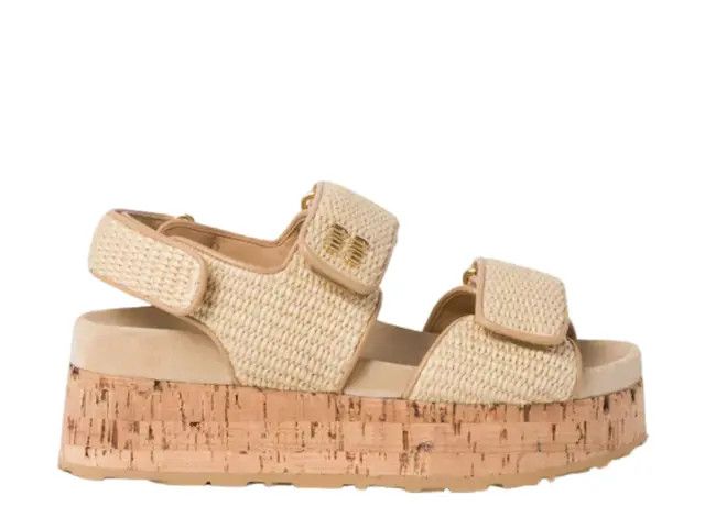 Miu Miu o1B3y1r0526 Fabric Wedge Sandals in Beige Size US 7 / IT 37 - 1 Thumbnail