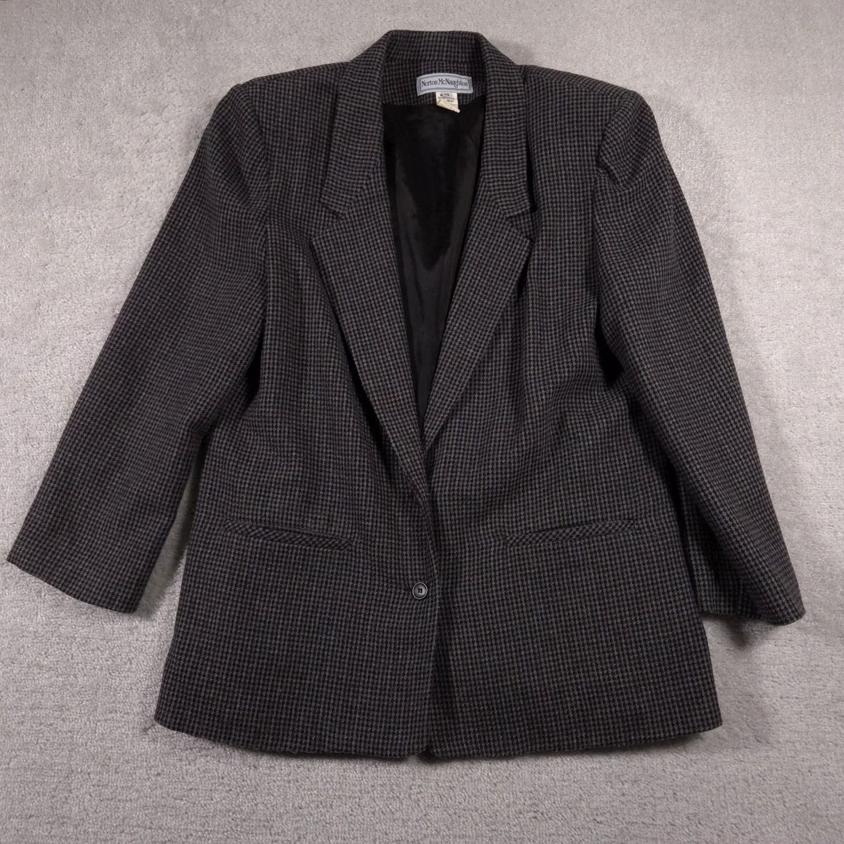 Vintage Norton McNaughton Blazer Womens 14 Medium Wool Blend Houndstooth Jacket Gray Classic Business Women Size XL / US 12-14 / IT 48-50 - 2 Thumbnail