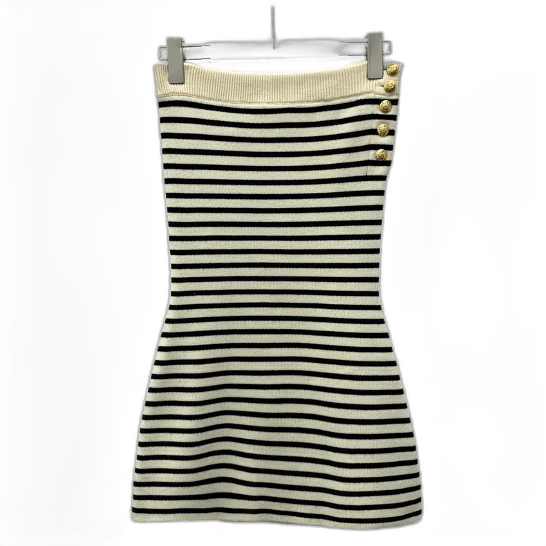 Celine Striped Knit Strapless Dress with Buttons