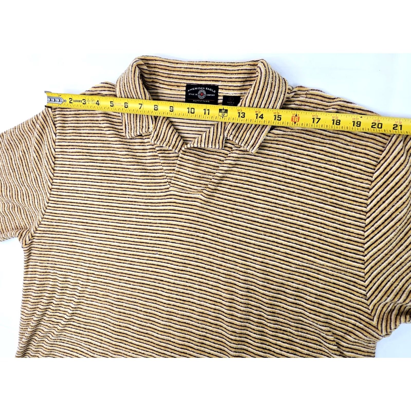 American Eagle Outfitters VINTAGE American Eagle Polo Shirt Men L Yellow Striped Chenille Terry Plush Earthy Old School Logo AE MENS Polo Size US L / EU 52-54 / 3 - 6 Thumbnail