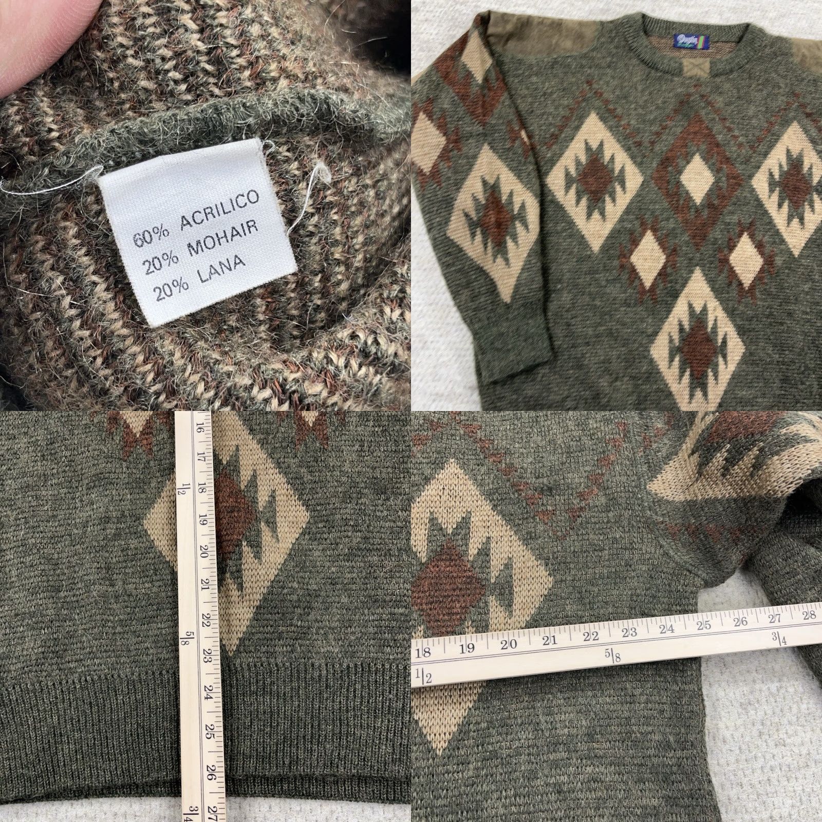 Gustin VINTAGE Dustin Grandpa Sweater Men XL Green Geometric Knit Wool Mohair 80s 90s Patch Pullover Crew Neck Classic Retro Size US XL / EU 56 / 4 - 8 Thumbnail