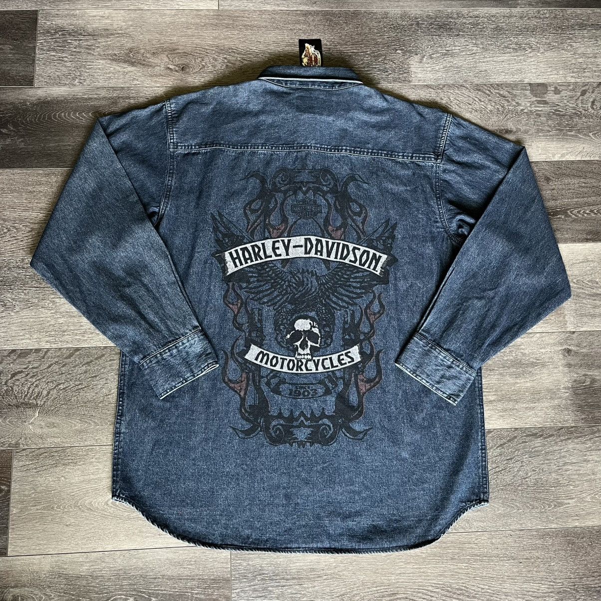 Harley Davidson × Vintage New Vintage Y2K Harley Davidson Flame Skull Denim Button Up Size US L / EU 52-54 / 3 - 1 Thumbnail