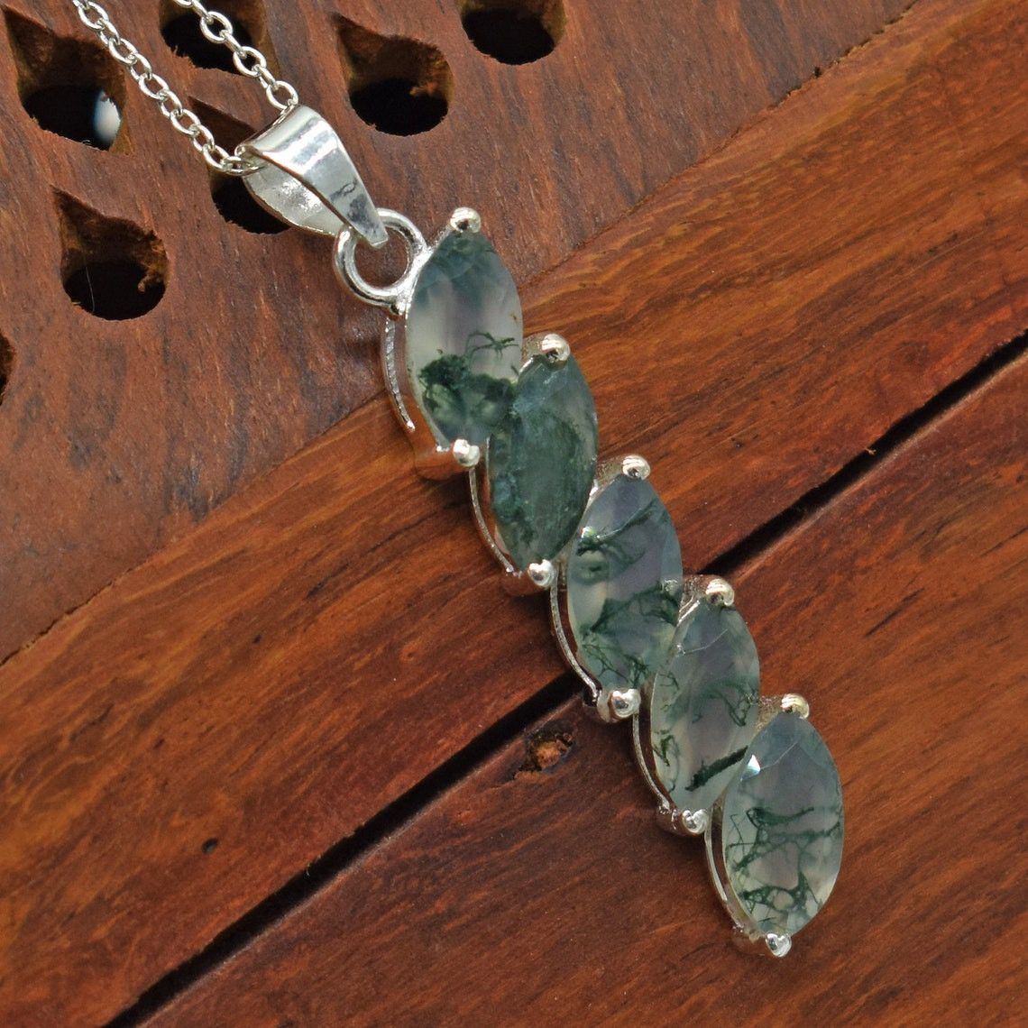 Handmade Moss Agate 925 Sterling Silver Pendant Necklace - 18 Inch Size ONE SIZE - 3 Thumbnail