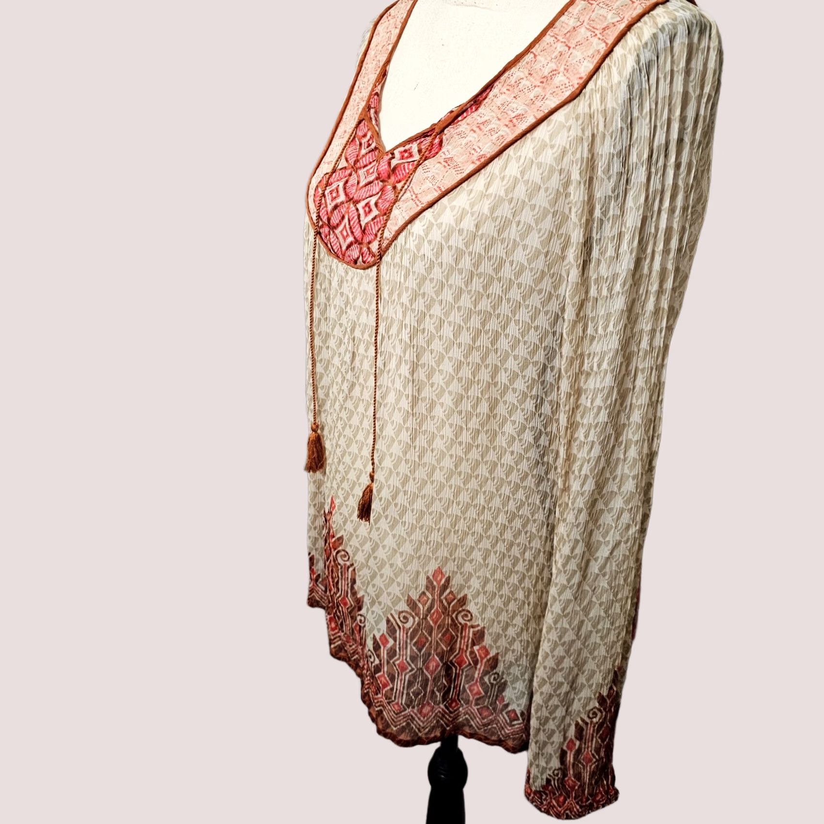 Lucky Brand Lucky Brand Top Shirt Regular Womens L Brown Red Paisley Long Sleeve Sheer Booth Blouse Size L / US 10 / IT 46 - 1 Thumbnail