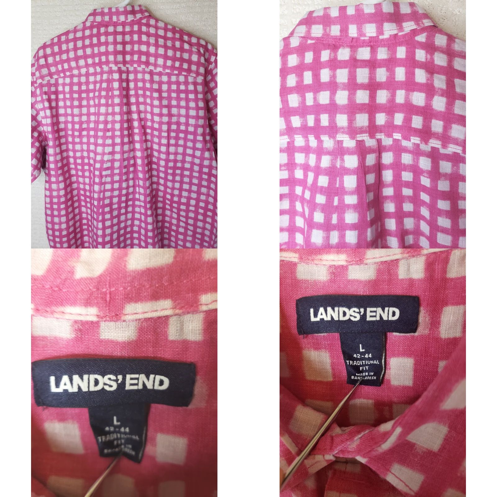 Lands' End Lands' End Linen Shirt Short Sleeve Button-Up Pink/White Check L Men’s Classic Fit 100% Linen breathable Casual Party/Cocktail Travel Size US L / EU 52-54 / 3 - 8 Thumbnail