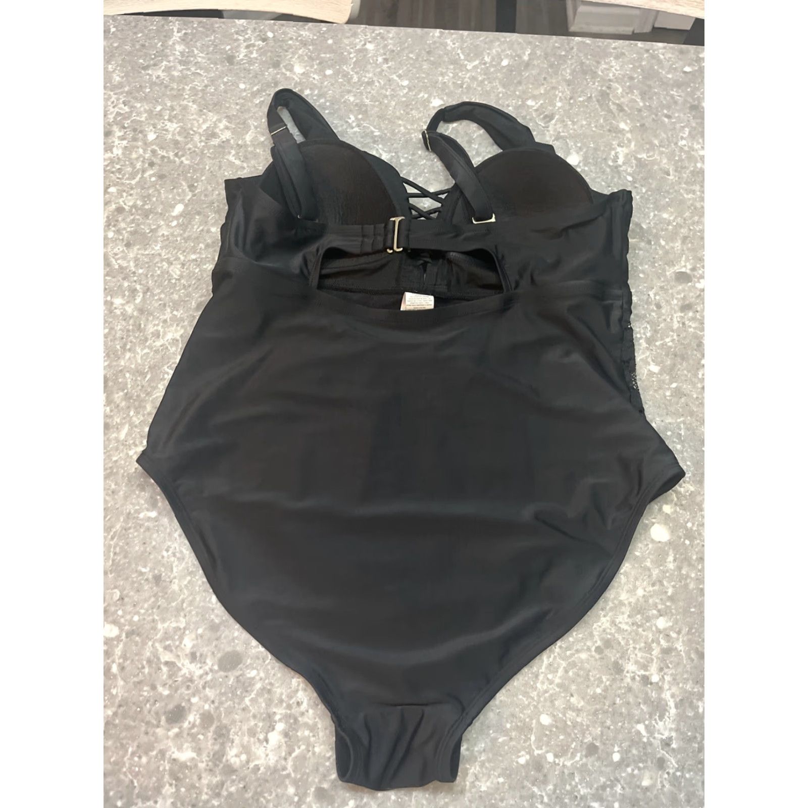 Vintage Terra & Sky Women’s One Piece Swimsuit Lace Cut-out Black 16 16W 18W Tank Built-in Cups Adjustable Straps 90s Palm Womens Size ONE SIZE - 7 Thumbnail