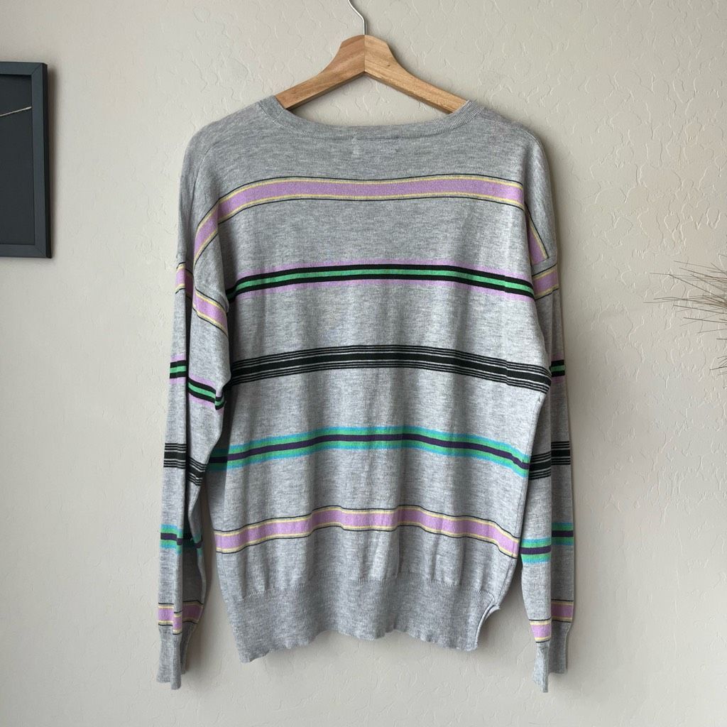Allude Allude Gray Cashmere Blend Multicolor Striped Long Sleeve Cr Size L / US 10 / IT 46 - 6 Thumbnail