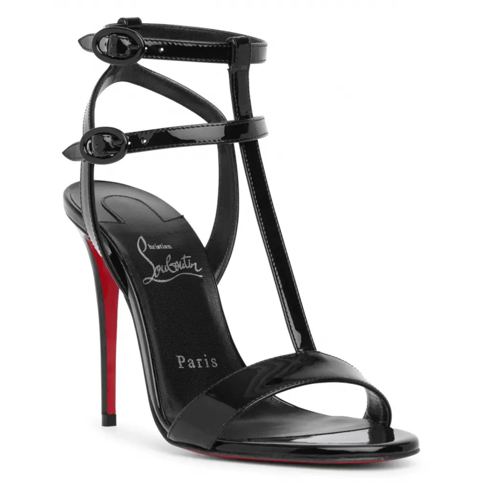 Christian Louboutin Mara 100 Black Patent Sandal Ankle Strap Open Heel Pump 39 Size US 9 / IT 39 - 3 Thumbnail