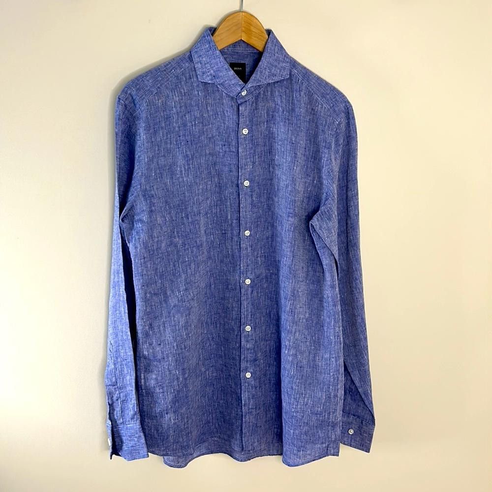 Hugo Boss Slim fit Linen -BOSS Tailored -sz 15.5- Blue w/white Heather Size 38R - 2 Thumbnail