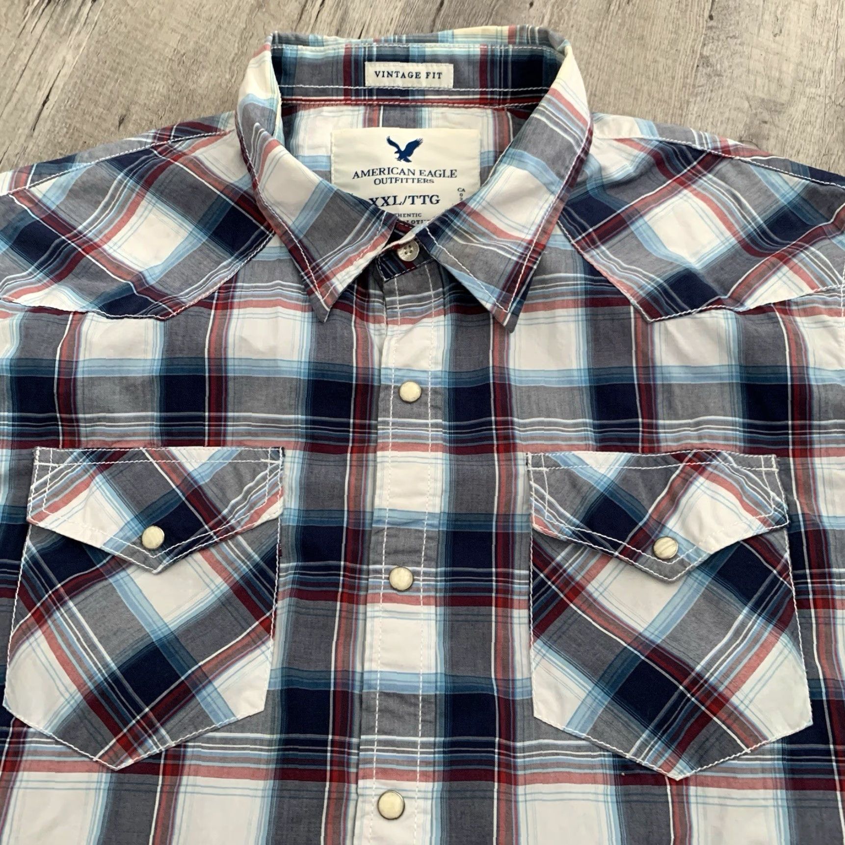 American Eagle Outfitters American Eagle Shirt Mens XXL Pearl Snap Vintage Fit Blue Plaid Long Sleeve Shirt Size US XXL / EU 58 / 5 - 6 Thumbnail