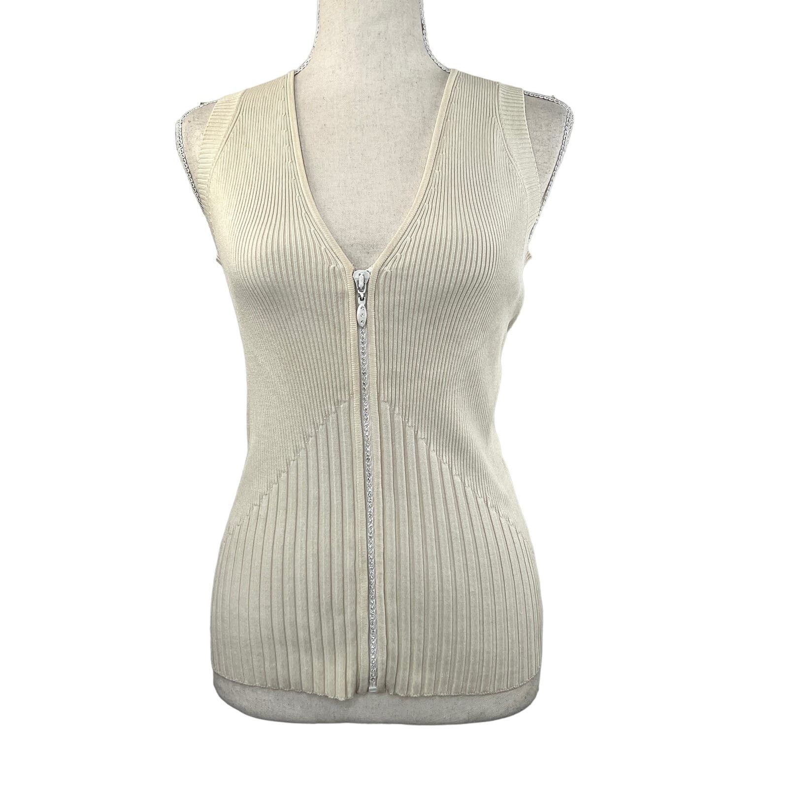 Vintage 90s Cache Ribbed Silk Top Sleeveless Rhinestone Zipper Size L / US 10 / IT 46 - 1 Thumbnail