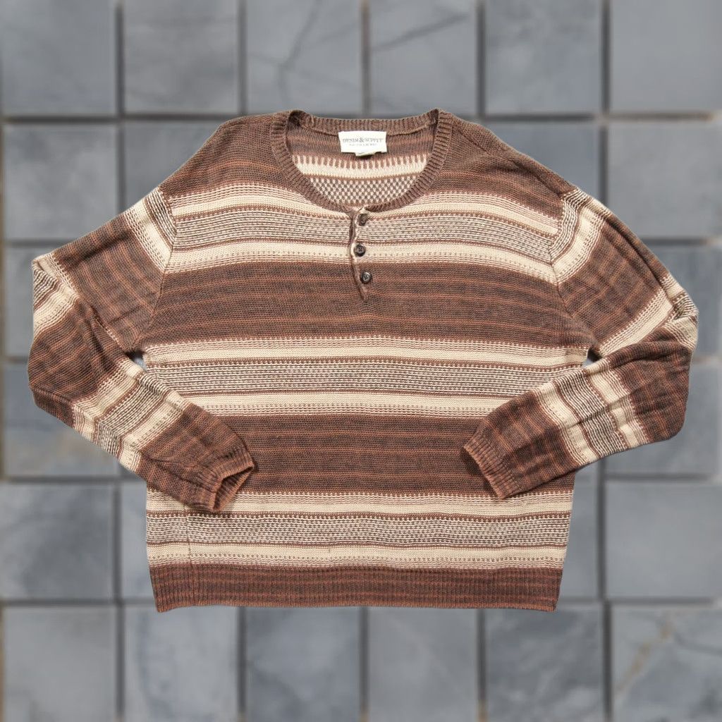 Vintage Denim & Supply Ralph Lauren Sweater Mens Large Brown Henley Knit Linen Striped Size US L / EU 52-54 / 3 - 1 Thumbnail