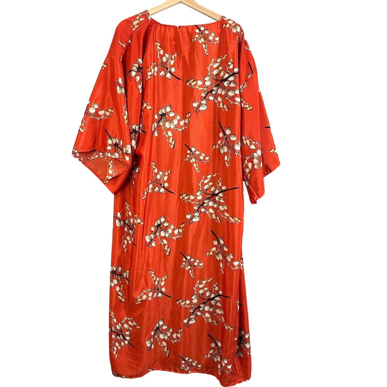 Other Last Lust Fifi Kay Red Floral Lily Valley Satin Kimono Robe Size ONE SIZE - 2 Thumbnail