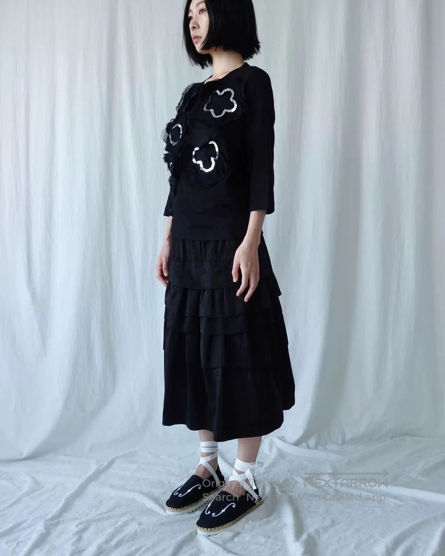 CDG by Comme des Garcons Black Floral Detail Three-Quarter Sleeve Top. Size S / US 4 / IT 40 - 2 Thumbnail