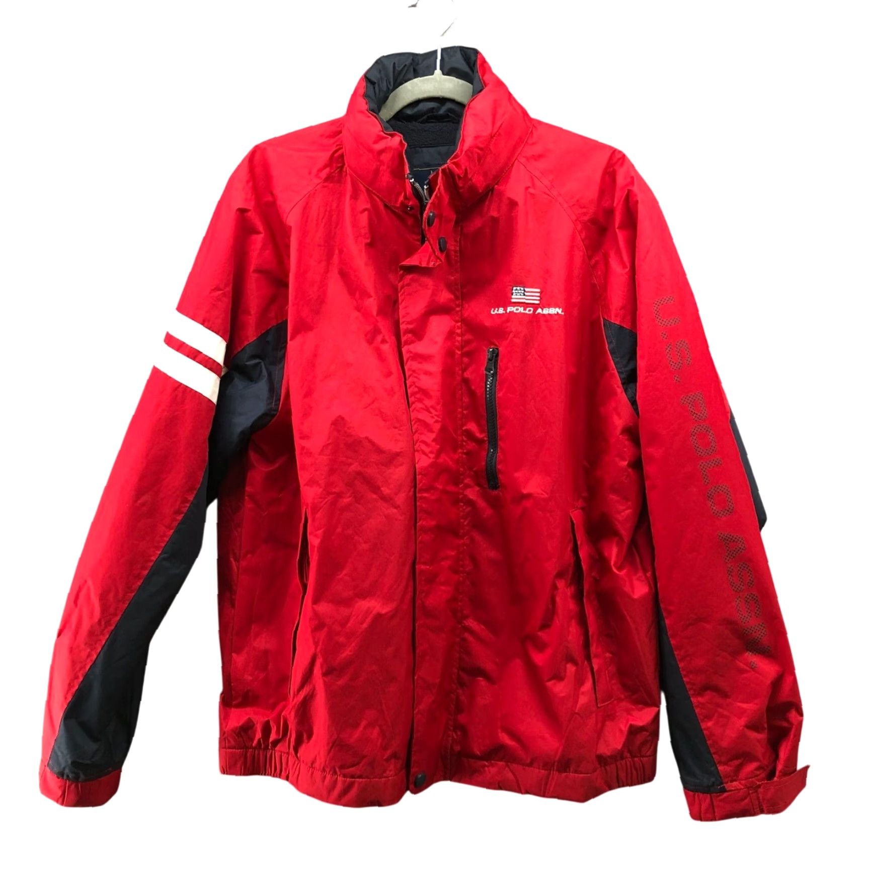 Vintage US Polo Assn Windbreaker Jacket Mens M Red Navy Hidden Hood Zip Fleece Lined Size US M / EU 48-50 / 2 - 2 Thumbnail