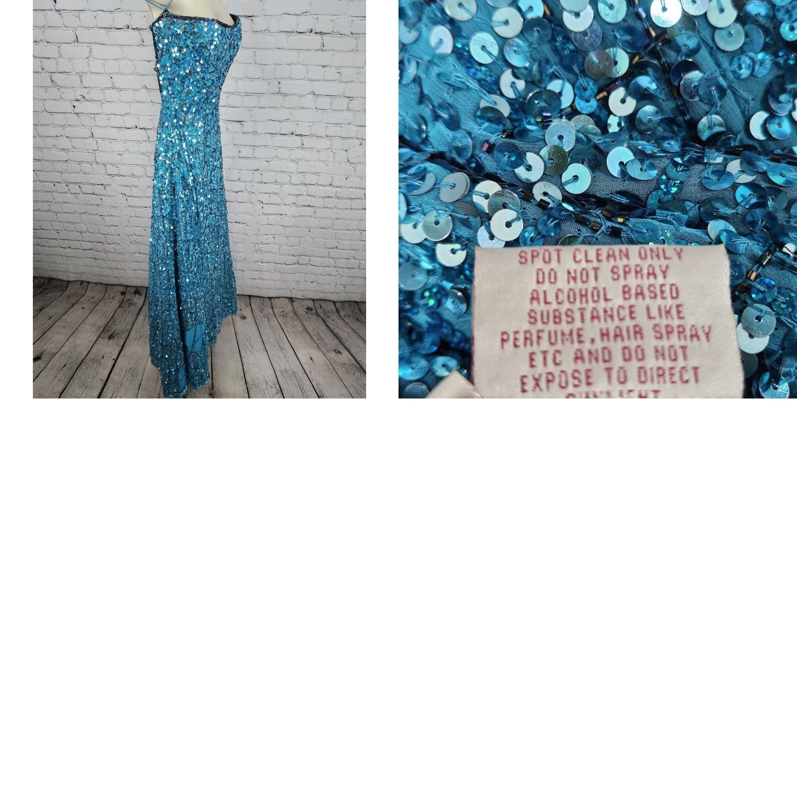 VINTAGE Precious Formals Blue 100% Silk Sequin Beaded Strapless Maxi Dress Small S Women Dress