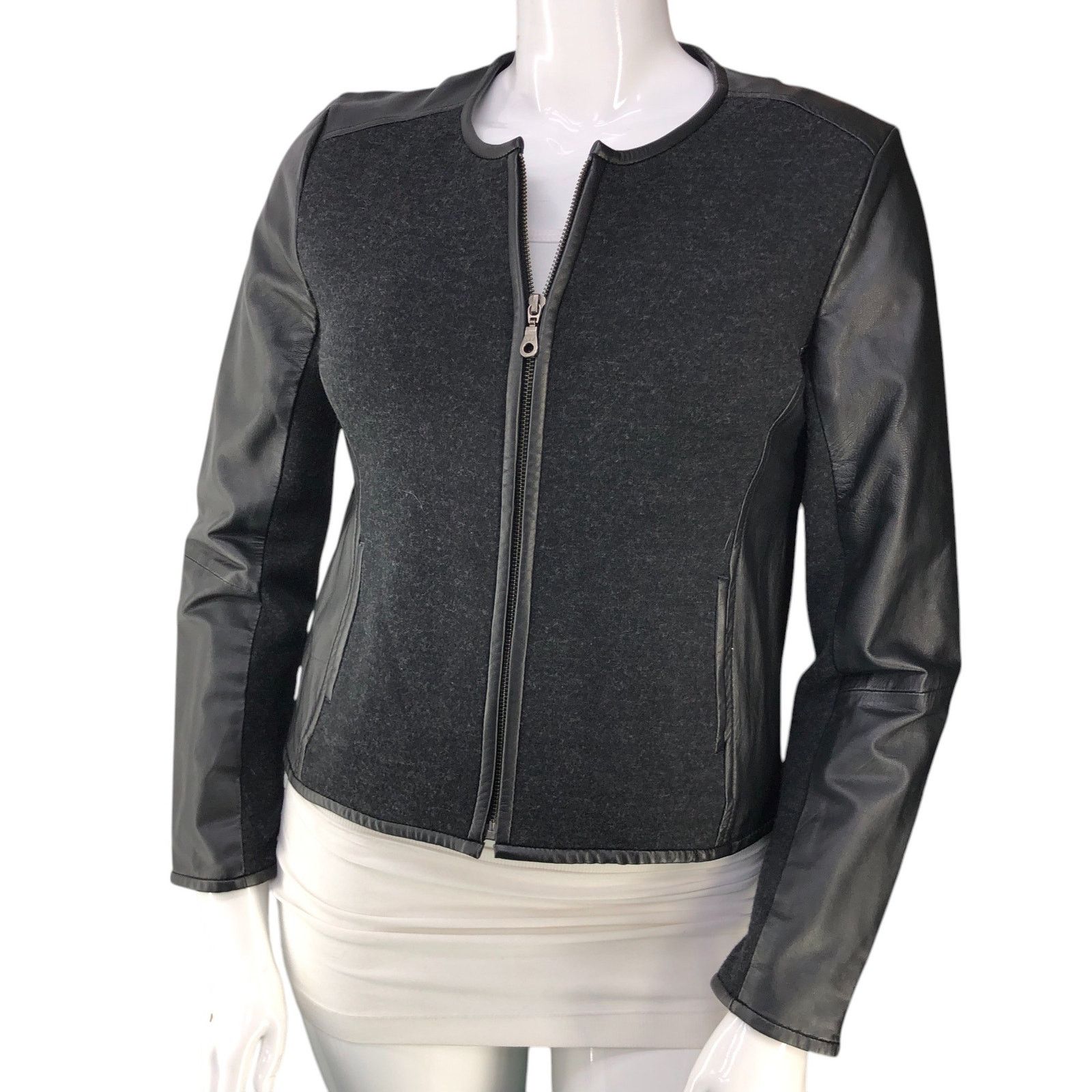 Eileen Fisher Eileen Fisher Size M Jacket Collarless Wool Leather Panel Size M / US 6-8 / IT 42-44 - 1 Thumbnail