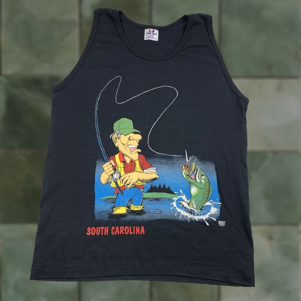 TEE JAYS VINTAGE South Carolina Fishing Tank Top Adult Large Black Outdoors Nature 90s 80s Mens Tank Top Size US L / EU 52-54 / 3 - 1 Thumbnail