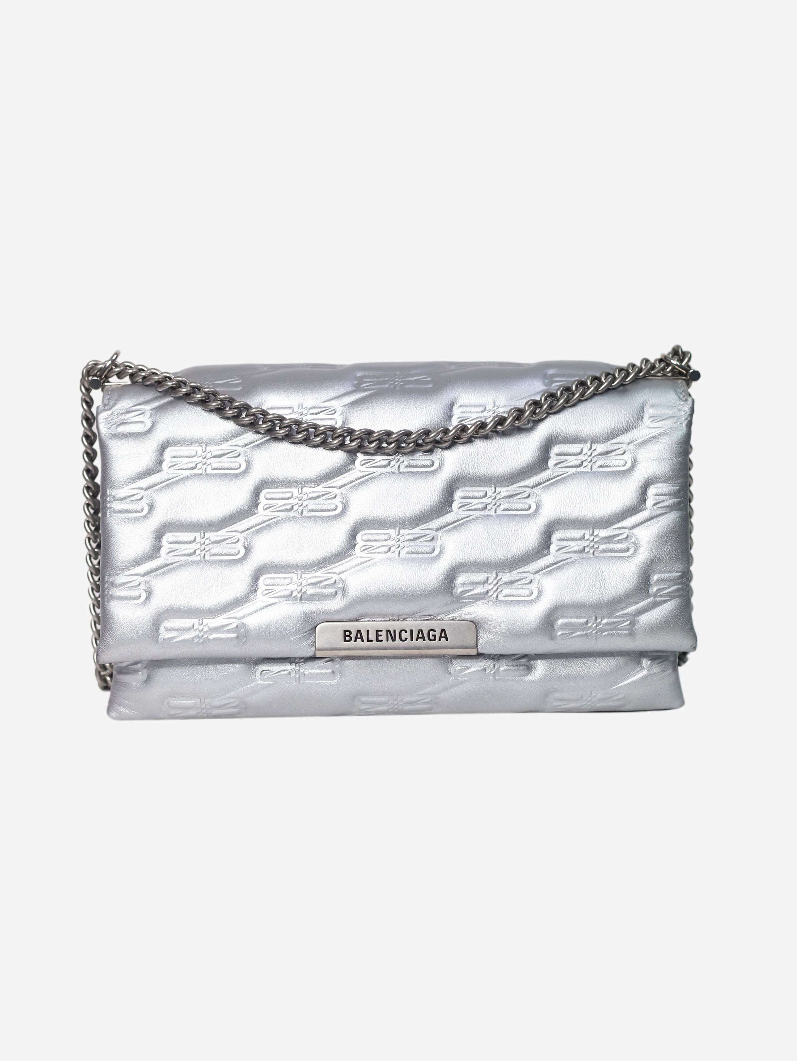 image of Balenciaga Silver Triplet Bb Monogram Shoulder Bag - Size, Women's