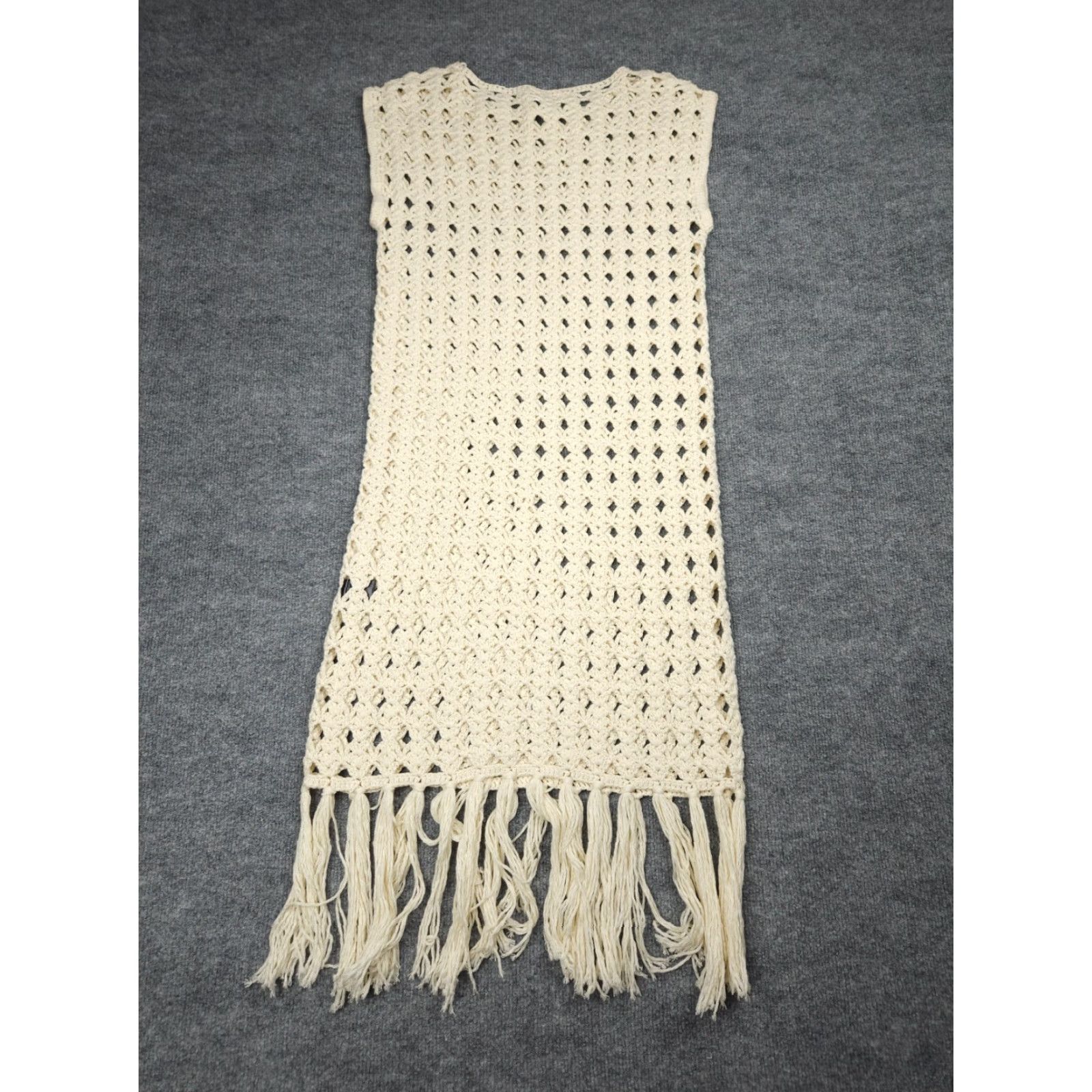 Vintage Eleven Six Shaya Crochet Dress Womens XS/S Ivory Cotton Knit Tassels Dress Long Sleeveless Round Neck Pullover Casual Party/Cocktail Size XS / US 0-2 / IT 36-38 - 3 Thumbnail
