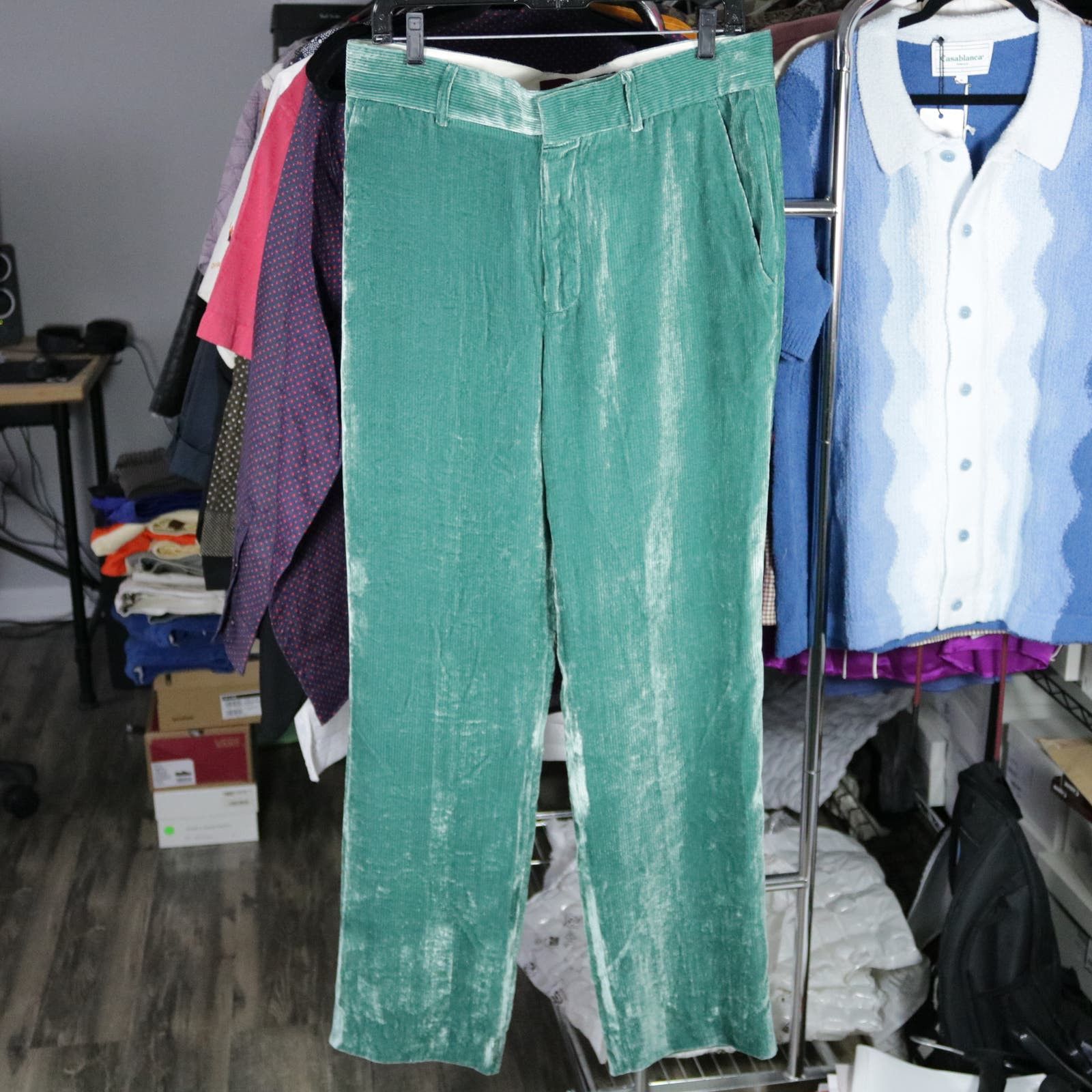 image of Sies Marjan Shiny Velvet Silk Lined Toby Trousers 32 Pants in Green, Men's