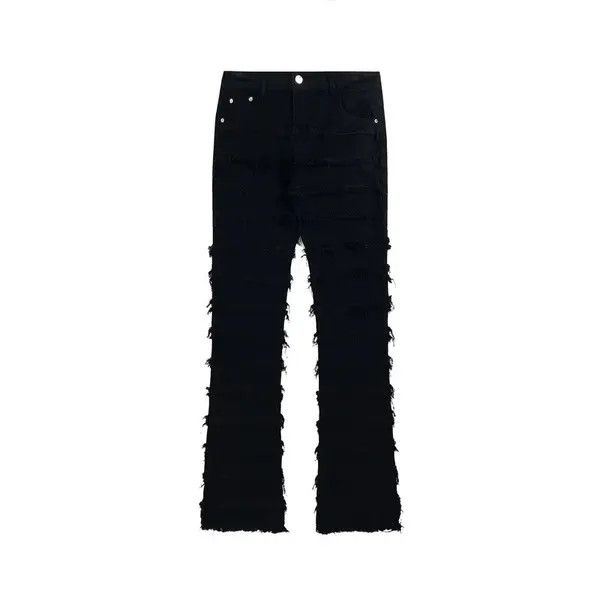 Jean Black Striped Tassel Frayed Straight Baggy Jeans Pants Size US 32 / EU 48 - 3 Thumbnail