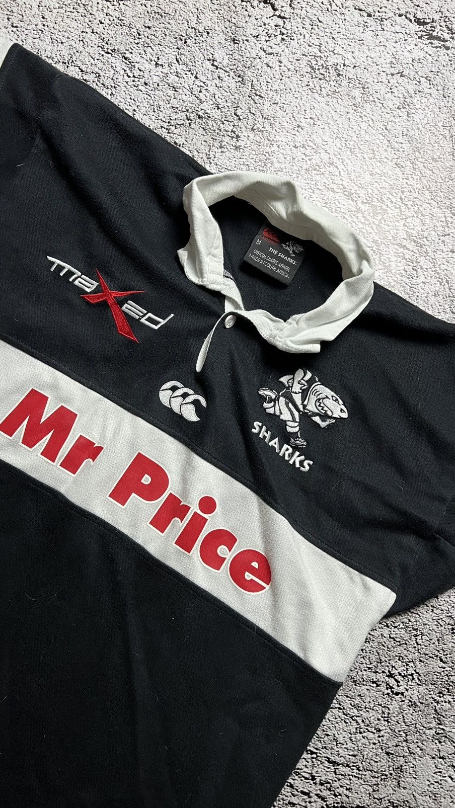 Early 00’s Nathan Sharks Canterbury Mr. price jersey Y2K