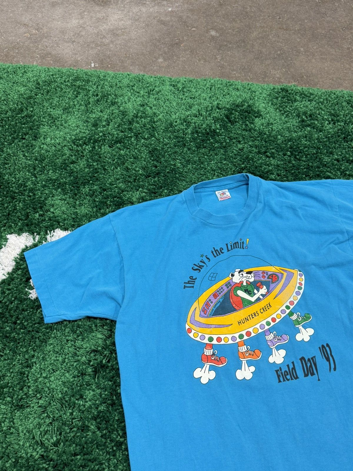 Fruit Of The Loom × Vintage Vintage 1993 Flying Saucer Cartoon Panther Tee Blue XL 90s Size US XL / EU 56 / 4 - 1 Thumbnail